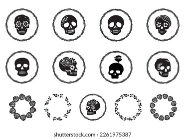 Collection of skull goth vector motif. Set for retro scary halloween low brow style illustrations. 