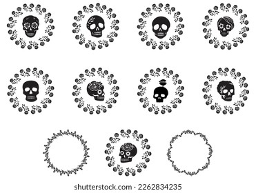 Collection of skull goth vector motif. Set for retro scary halloween low brow style illustrations. 