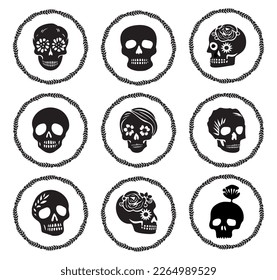 Collection of skull goth vector motif. Set for retro scary halloween low brow style illustrations. 