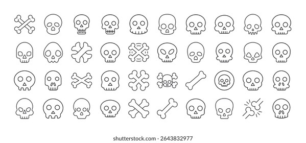 Collection of Skull Related Line Icons. Outline Signs for Graphic and Web Design, Apps, Adverts, Various Cards 