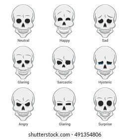 collection of skulls, different facial expressions