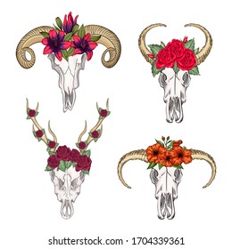 Collection of skulls of wild animals western mystical, print flowers. Deer bohemian head, western vintage animal.
