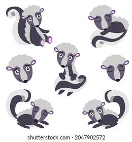 Collection with skunks isolated. Animal character. Grey and pastel blue. Cartoon style. Cute and funny. Graphic children design. Vector illustration. Nature and ecology. Post card, print, textile