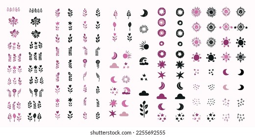 Collection of sky and floral vector sky icons. Simple illustration of block print style garden in viva magenta color of the year set. 