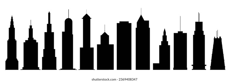 Sammlung von Wolkenkratzern Silhouette. Setze Silhouetten aus Wolkenkratzer einzeln auf weißem Hintergrund. Vektorgrafik.