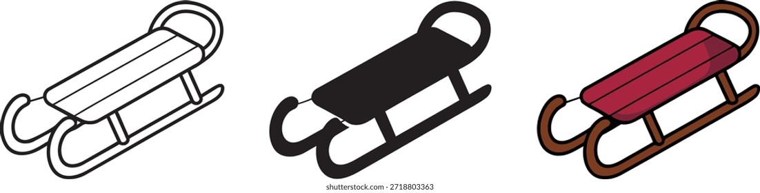 Collection of sled icons in outline, solid, and color styles. Represents winter fun and outdoor sports. Ideal for conveying snow activities and recreation.