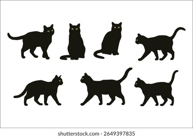 A Collection of Sleek Black Cats Prowling and Lounging Against a White Backdrop, their Yellow Eyes Gleaming with Mystery