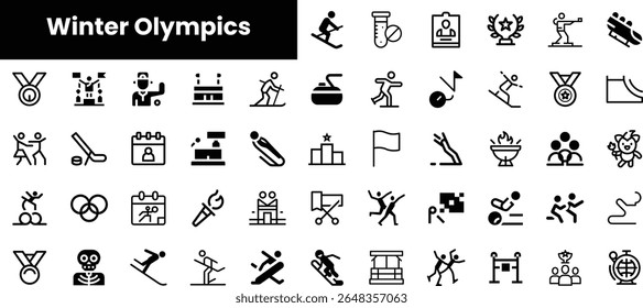 A collection of sleek black icons representing various sports and activities at the Winter Olympics, featuring medals, athletes, and event symbols.