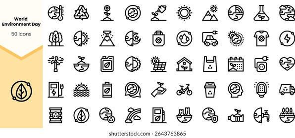 A collection of sleek, black line icons representing World Environment Day, showcasing themes like nature, sustainability, and renewable energy for ecological awareness.