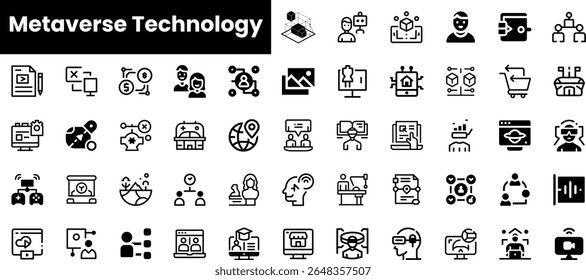 Uma coleção de ícones preto e branco elegantes que representam a tecnologia Metaverse, apresentando interações virtuais, análise de dados e comunicação digital.