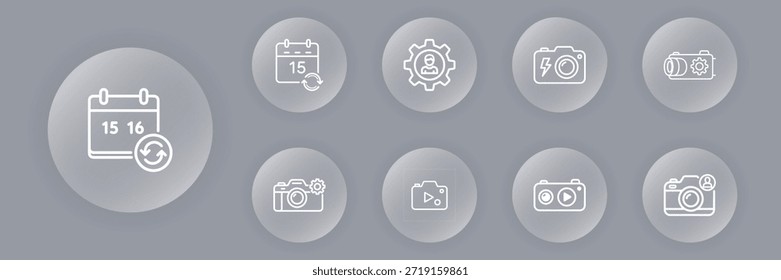 Una colección de iconos multimedia y tecnológicos elegantes y circulares que incluyen temporizador, Configuraciones, cámara