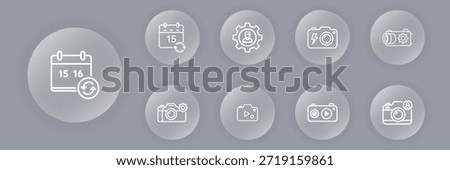A collection of sleek, circular multimedia and technology icons including timer, settings, camera