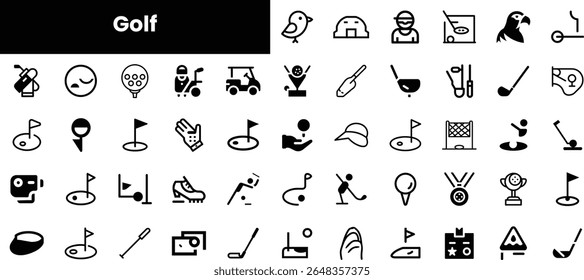 A collection of sleek and modern golf-themed icons, showcasing various elements of the sport including equipment, players, and courses in a minimalist style.