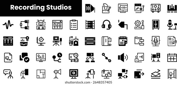 A collection of sleek and modern icons representing various aspects of recording studios, highlighting audio equipment and production tools in a minimalistic design.