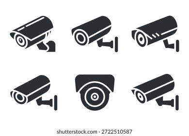 Una colección de elegantes y modernos íconos de cámaras de seguridad en blanco y negro que representan varios ángulos y diseños para la vigilancia