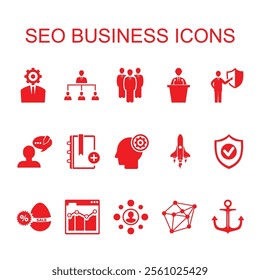 A collection of sleek and professional SEO business icons designed to represent various aspects of search engine optimization, digital marketing, and online business strategies. This set includes icon