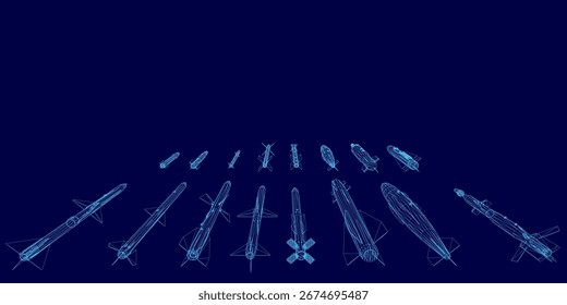 A collection of sleek wireframe rockets arranged symmetrically on a dark blue background. The sharp contrast highlights the futuristic missile designs. The balanced composition creates a visually.