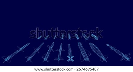 A collection of sleek wireframe rockets arranged symmetrically on a dark blue background. The sharp contrast highlights the futuristic missile designs. The balanced composition creates a visually.