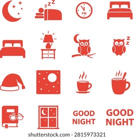 Collection of sleep symbols including beds owls and night sky elements. Ideal for promoting rest and relaxation services or products.