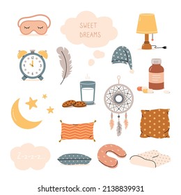 Collection of sleep symbols, vector illustrations. Big set of decorative objects in bedroom. Scandinavian trendy style