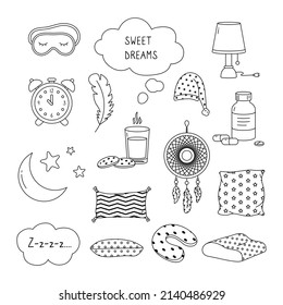 Collection of sleep symbols, vector outline illustrations. Big set of decorative objects in the bedroom. Line art, contour, icons