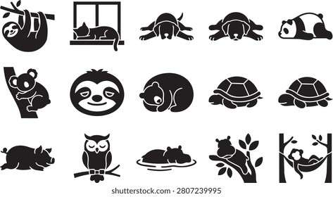Collection of sleeping animal silhouettes on white background