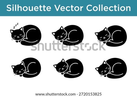 Collection of sleeping black cats isolated on white background