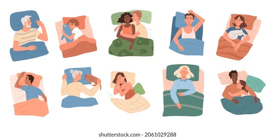 Collection of sleeping people. Adults and young character lie on soft pillows and cover with blanket. Men, women, couples and children have dreams. Cartoon flat vector set isolated on white background