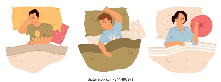 Collection of sleeping people cartoon characters vector illustration. Adult man and woman, little boy child having sweet dreams at night set isolated on white background