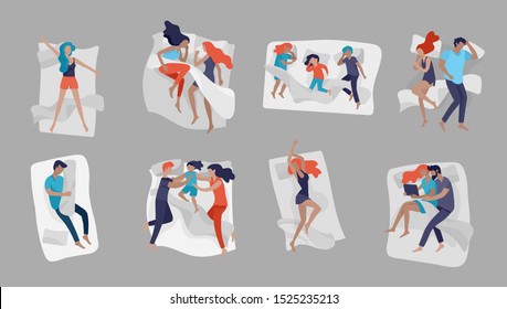 Collection Of Sleeping People Character. Family With Child Are Sleep In Bed Together And Alone In Various Poses, Different Postures During Night Slumber. Top View. Colorful Vector Illustration