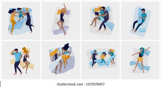 Collection of sleeping people character. Family with child are sleep in bed together and alone in various poses, different postures during night slumber. Top view. Colorful vector illustration