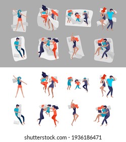 Collection of sleeping people character. Family with child are sleep in bed together and alone in various poses, different postures during night slumber. Top view. Colorful vector
