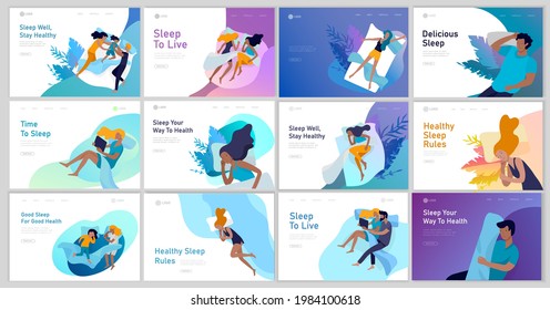 Collection of sleeping people character. Family with child are sleep in bed together and alone in various poses, different postures during night slumber. Top view. Colorful vector