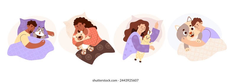 Collection sleeping people with plush toys. Ethnic black and light-skinned man and woman with plush animal. Time relax. Isolated cute characters in flat style. Vector illustration