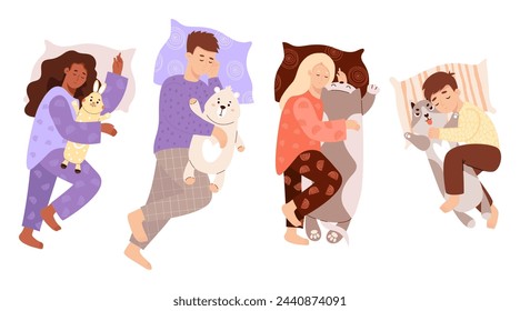 Colección para dormir con juguetes. Mujer negra étnica con conejito y hombre de piel clara y niña con felpa animal gato, perro y osito de peluche. Personajes aislados en estilo plano. Ilustración de vector