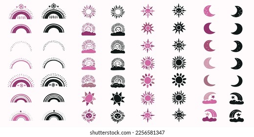 Collection of sleepy nighttime vector sky icons. Simple illustration of block print moon and sun in viva magenta color of the year set. 