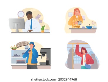 Collection of sleepy people in various situation. Drowsiness due to poor sleep and fatigue at work. Character in office, at home, on bus and in coffee shop. Cartoon flat vector set on white background