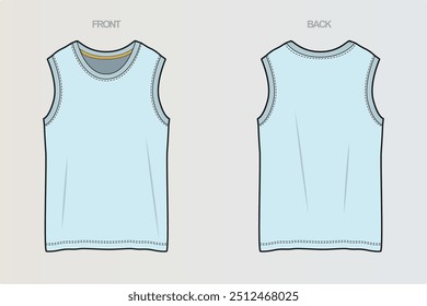 A collection of sleeveless and hooded T-shirt CAD drawings showcasing various cut-and-sew designs and style variations for versatile, modern looks. For Boys, Men, Girls or Women