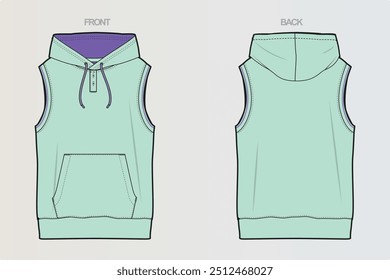 Uma coleção de desenhos CAD de camiseta sem mangas e com capuz mostrando vários projetos de corte e costura e variações de estilo para aparência versátil e moderna. Para meninos, homens, meninas ou mulheres