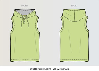 A collection of sleeveless and hooded T-shirt CAD drawings showcasing various cut-and-sew designs and style variations for versatile, modern looks. For Boys, Men, Girls or Women