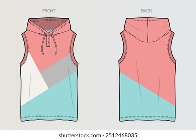 A collection of sleeveless and hooded T-shirt CAD drawings showcasing various cut-and-sew designs and style variations for versatile, modern looks. For Boys, Men, Girls or Women