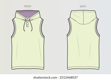 Uma coleção de desenhos CAD de camiseta sem mangas e com capuz mostrando vários projetos de corte e costura e variações de estilo para aparência versátil e moderna. Para meninos, homens, meninas ou mulheres