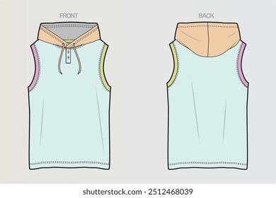 A collection of sleeveless and hooded T-shirt CAD drawings showcasing various cut-and-sew designs and style variations for versatile, modern looks. For Boys, Men, Girls or Women