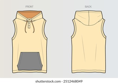 Uma coleção de desenhos CAD de camiseta sem mangas e com capuz mostrando vários projetos de corte e costura e variações de estilo para aparência versátil e moderna. Para meninos, homens, meninas ou mulheres