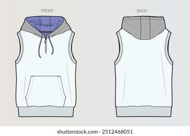 A collection of sleeveless and hooded T-shirt CAD drawings showcasing various cut-and-sew designs and style variations for versatile, modern looks. For Boys, Men, Girls or Women