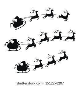 Collection sleigh with bag of gifts and reindeers, sled of Santa Claus. Christmas element with cute deers.