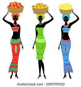 Collection. A slender African-American lady. The girl carries a basket on her head with apples, bananas, oranges. Women are beautiful and young. Vector illustration set.