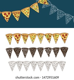 Collection of sliced pizza in the form of flags on a white background. Colored, silhouette and lines. Suitable for brochures, menus.