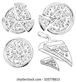 Collection of sliced pizza isolated on white background. Hand drawing sketch vector illustration