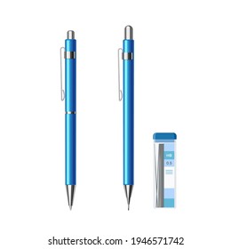 Collection of slim automatic spring ballpoint pen in blue metallic case and mechanical pencil with pack of pencil leads 0.5 HB. Flat vector illustration isolated on white background 